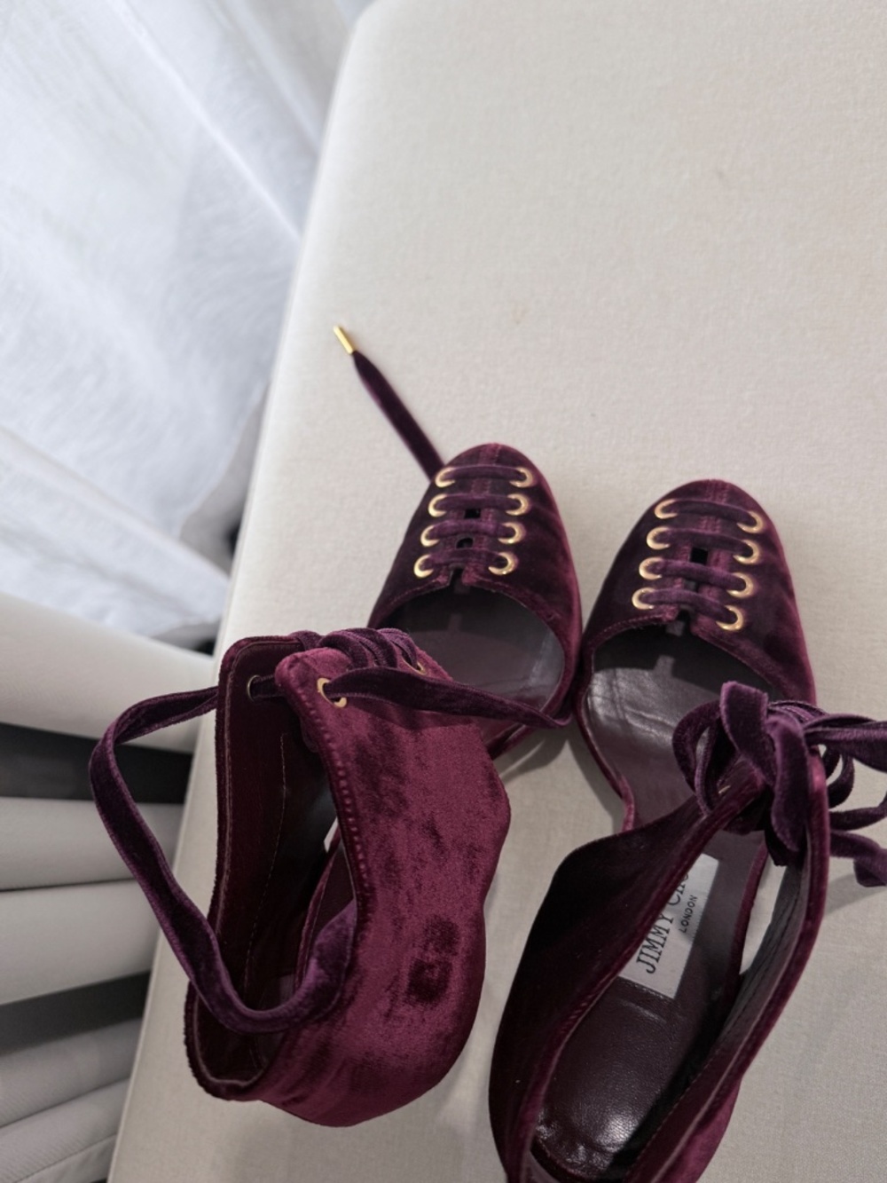 Jimmy Choo burgundy velvet lace-up d’Orsay ankle-cuff pumps. I used it 1 time! - Picture 4 of 12